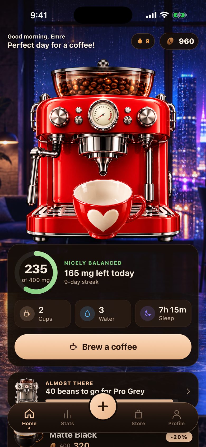 BrewTrack home screen: a coffee machine pours the cup while the daily caffeine ring fills toward your limit