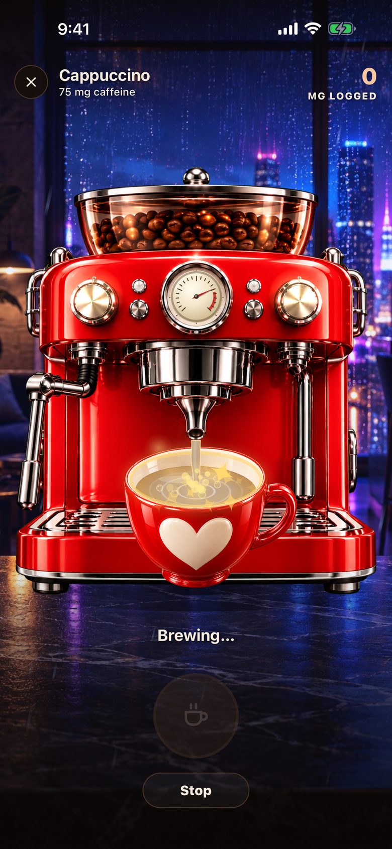 BrewTrack drink picker and live pour screen where the cup fills on screen