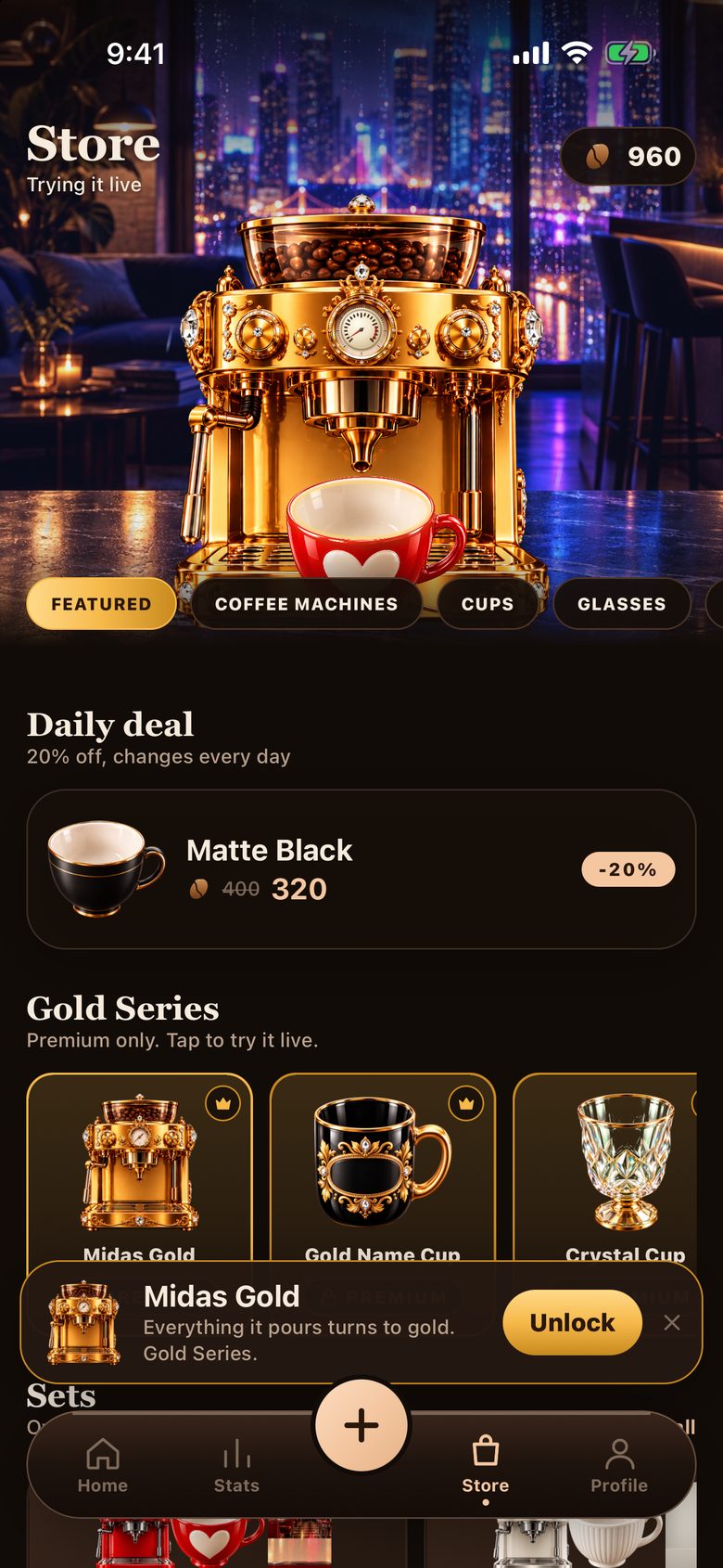 BrewTrack store with coffee machines, cups, glasses and backdrops