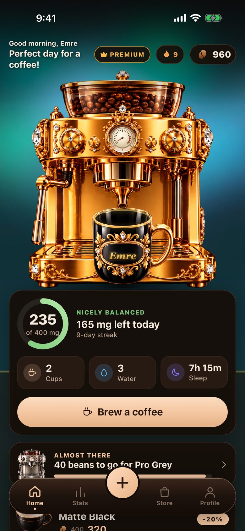 BrewTrack Gold Series: the Midas gold coffee machine and a crystal cup