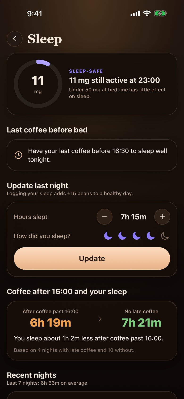 BrewTrack sleep screen showing how the last coffee relates to sleep