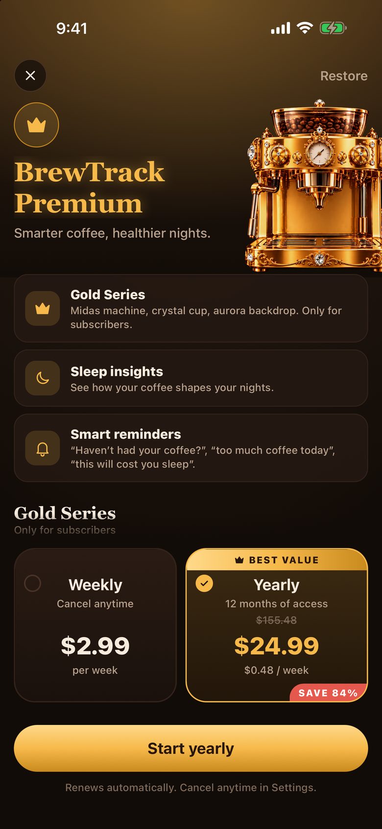BrewTrack Premium subscription screen with weekly and yearly plans