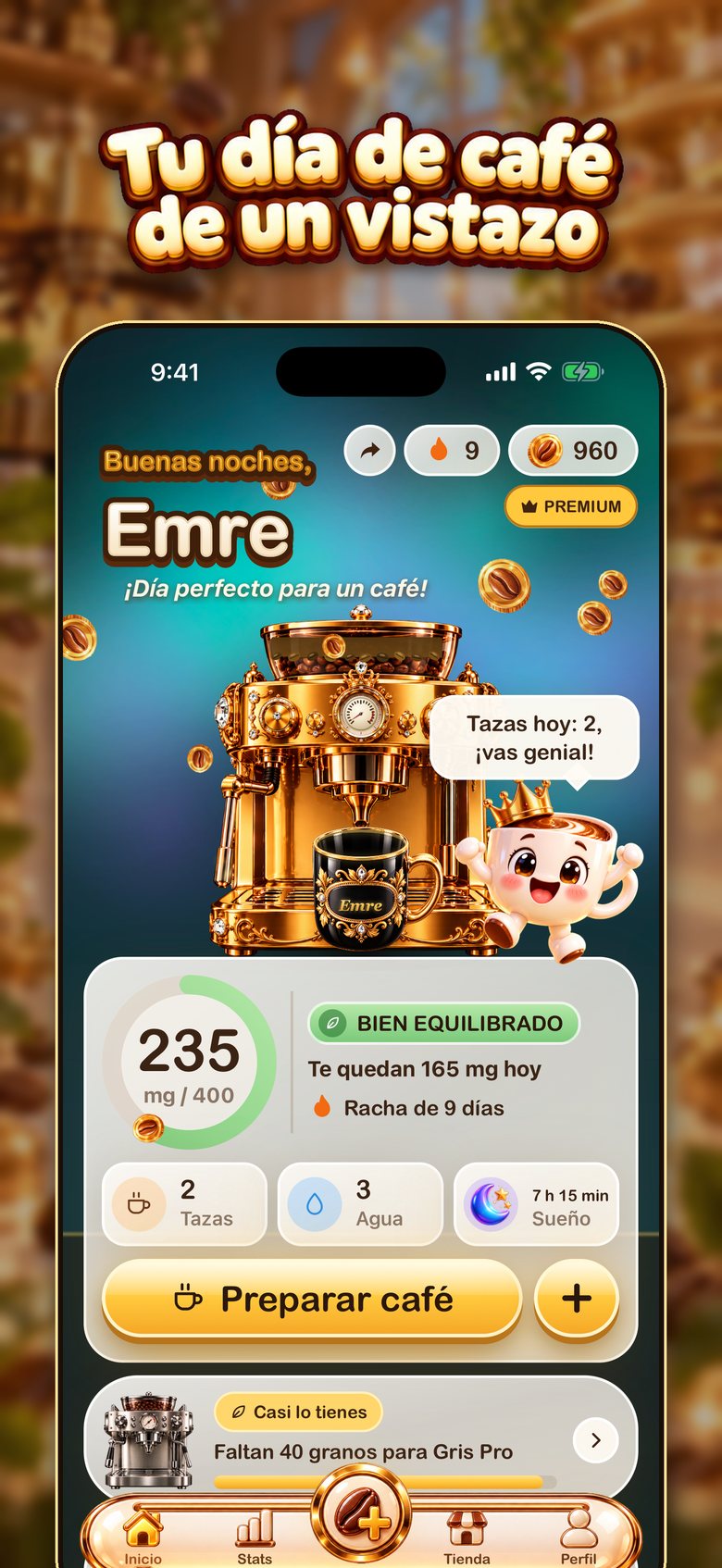 Pantalla de inicio de BrewTrack: una cafetera sirve la taza mientras el anillo diario de cafeína avanza hacia tu límite
