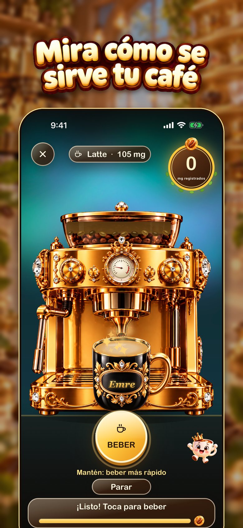 Selector de bebidas y pantalla de servido en directo de BrewTrack, donde la taza se llena en pantalla