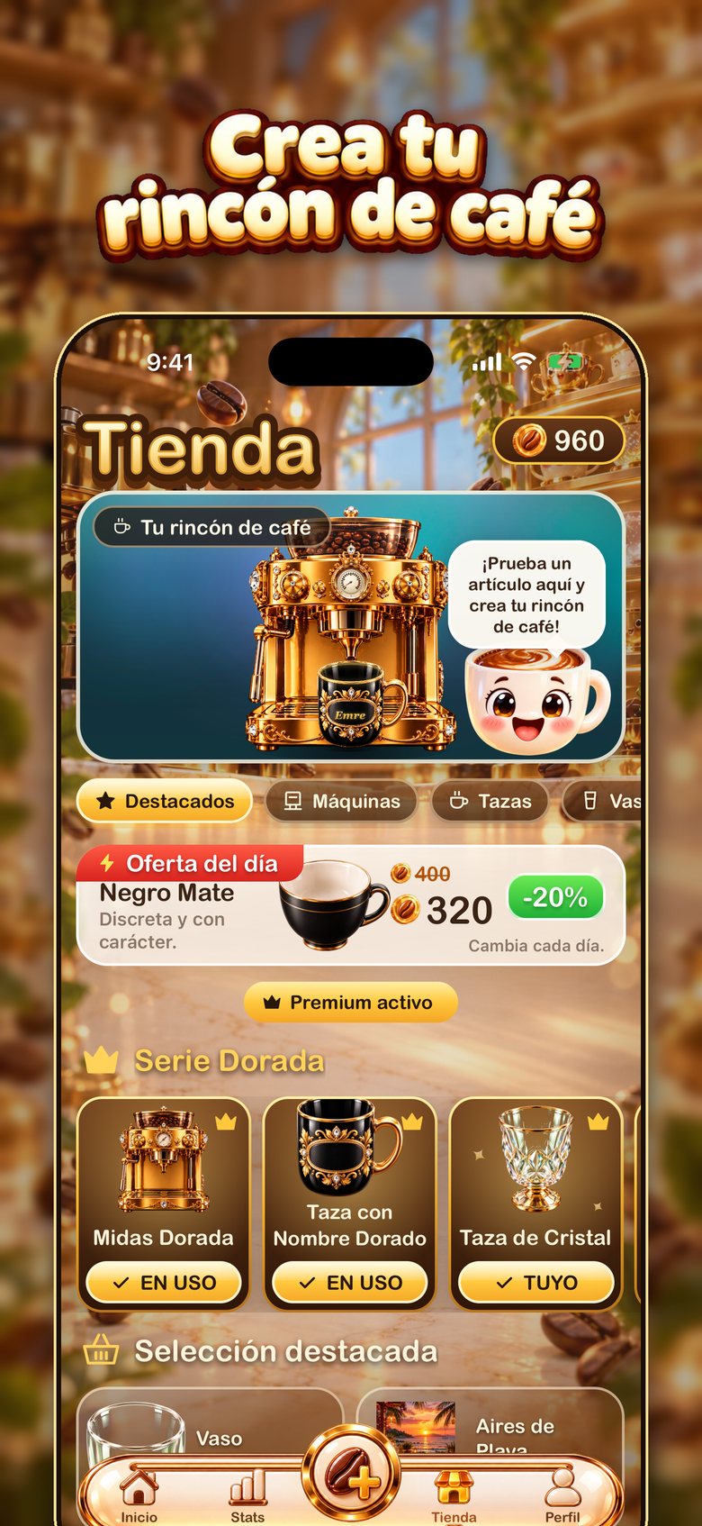 Tienda de BrewTrack con cafeteras, tazas, vasos y fondos