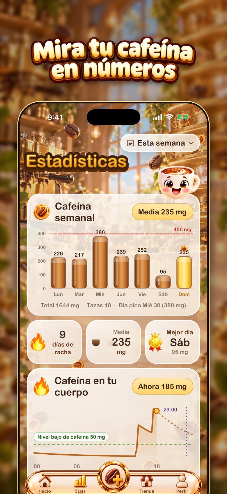 Estadísticas de BrewTrack: comparación semanal, horas del día, calendario y curva de cafeína