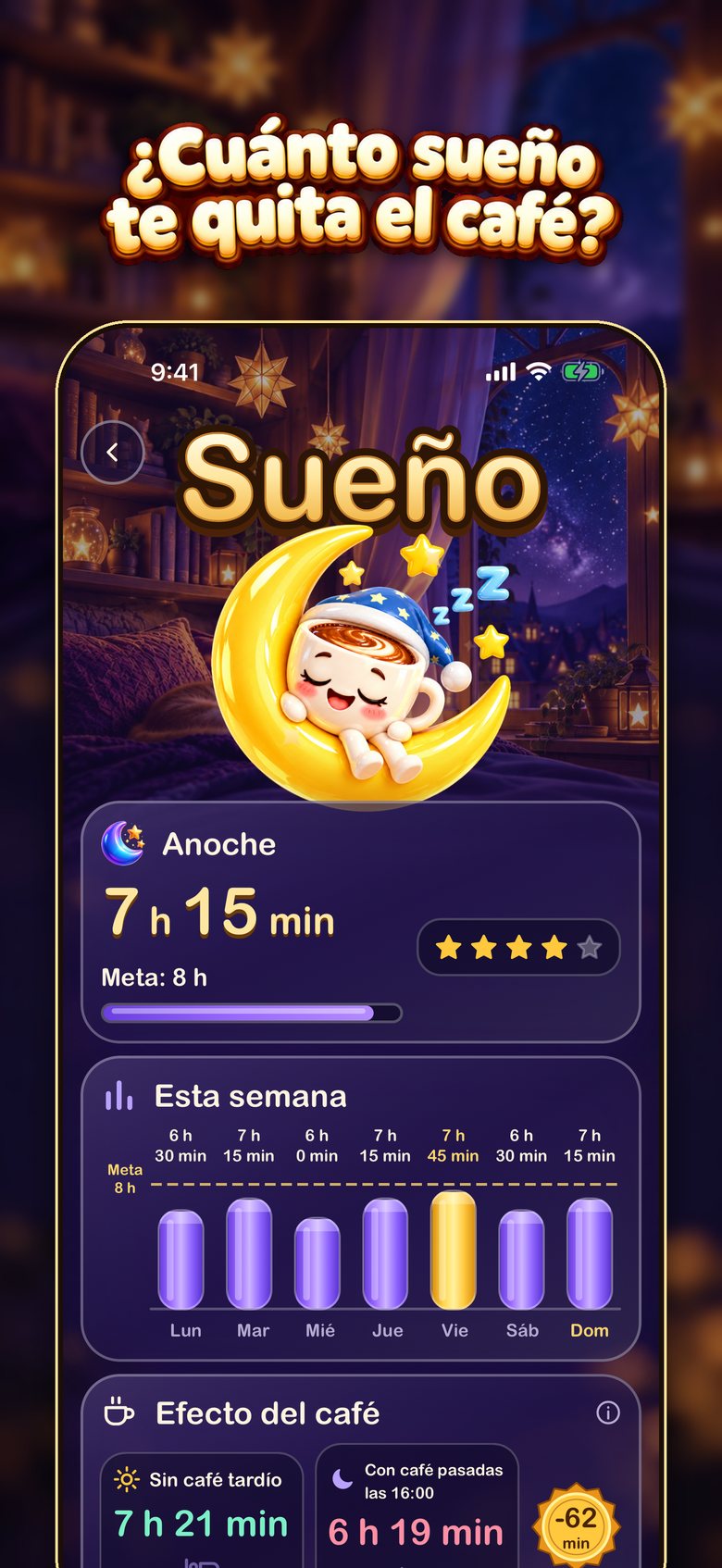 Pantalla de sueño de BrewTrack que muestra la relación entre el último café y el sueño