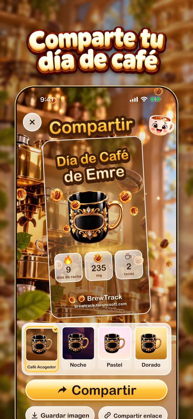 Tarjeta para compartir de BrewTrack: una imagen de tu día de café lista para enviar