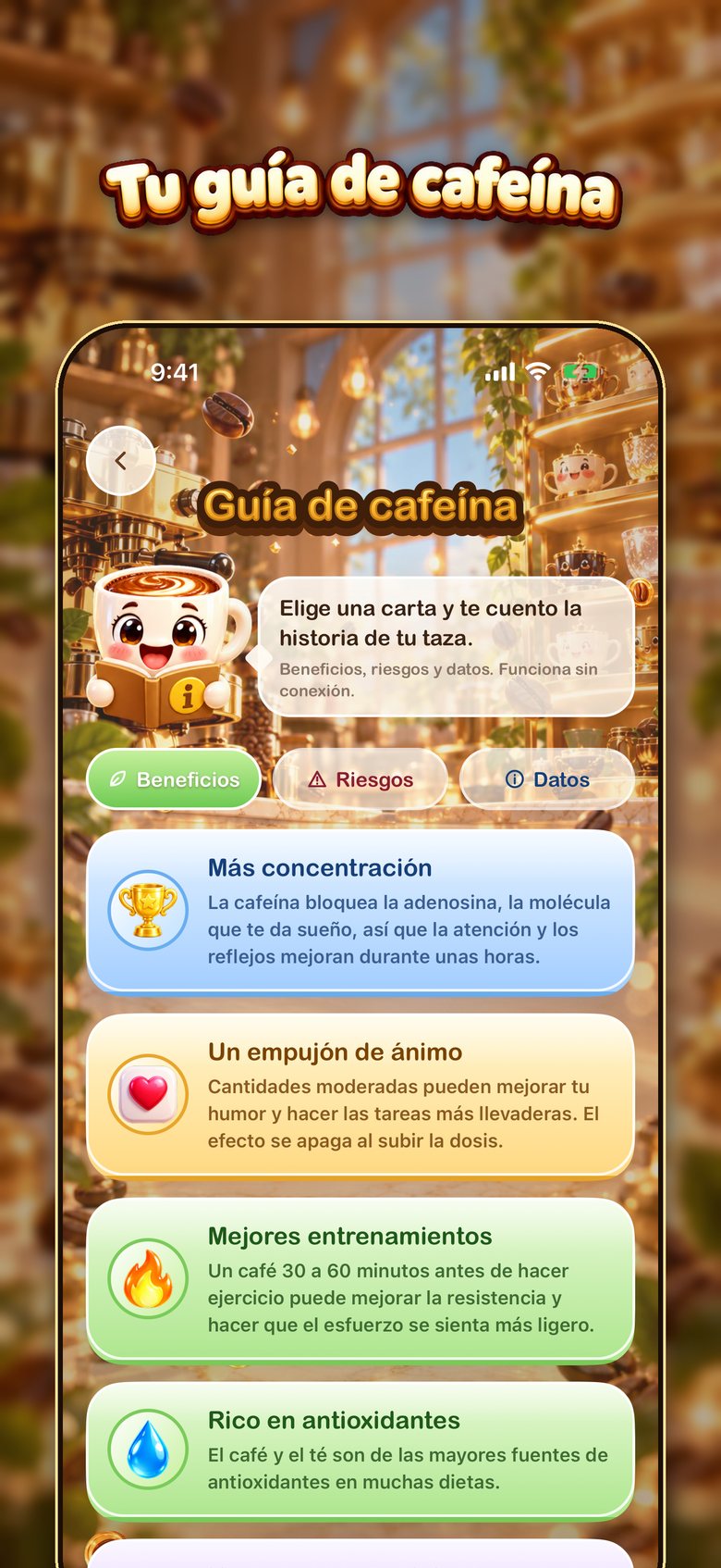 Guía de la cafeína de BrewTrack con información breve y clara