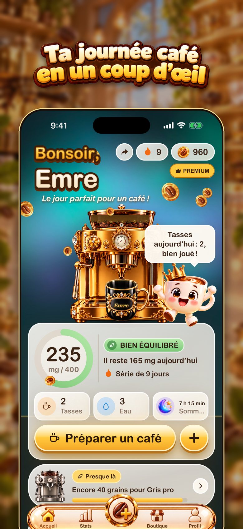 Écran d’accueil de BrewTrack : une machine à café sert la tasse pendant que l’anneau quotidien de caféine avance vers votre limite