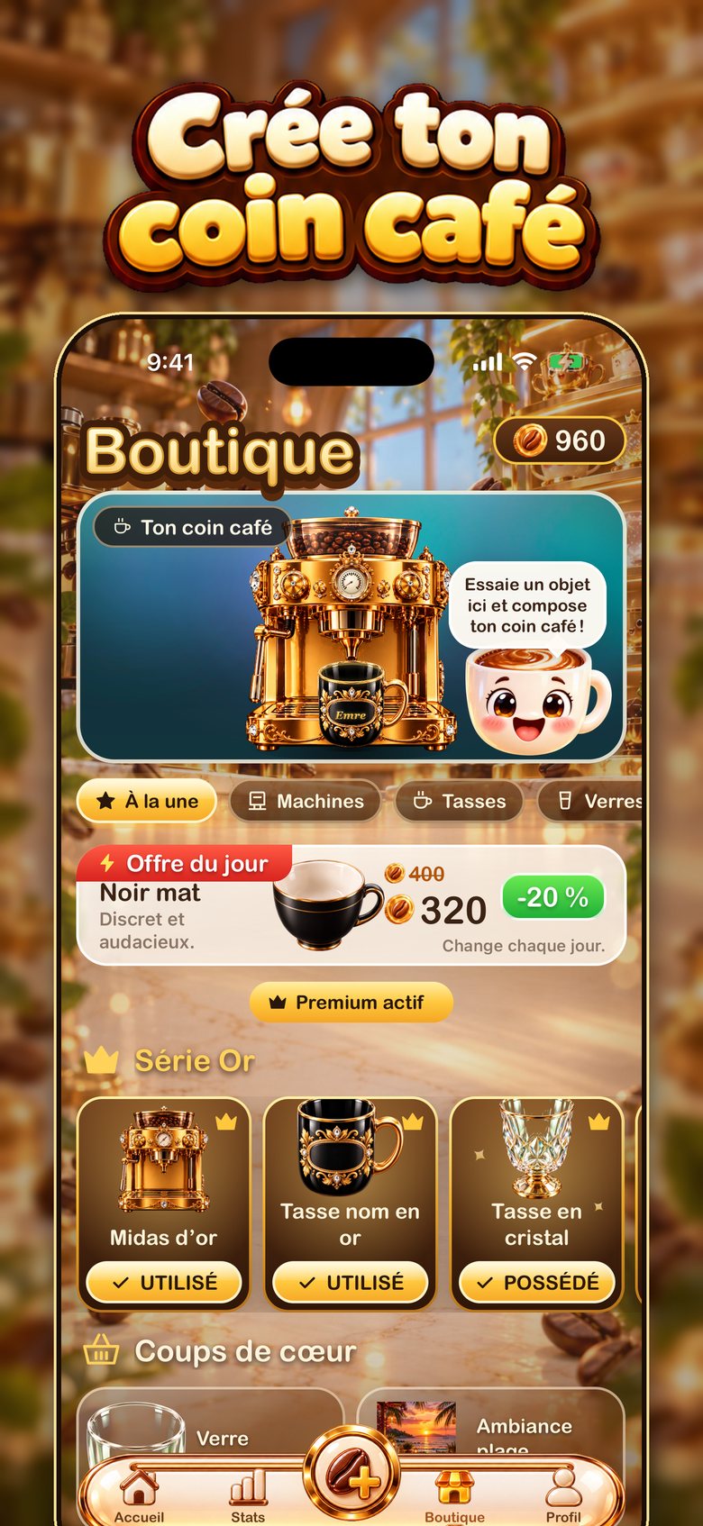 Boutique BrewTrack avec machines à café, tasses, verres et fonds