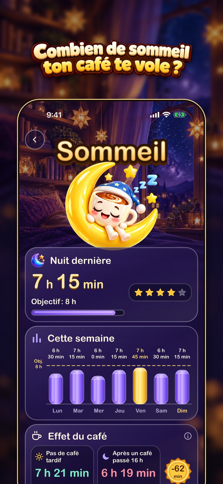Écran de sommeil BrewTrack montrant le lien entre le dernier café et le sommeil