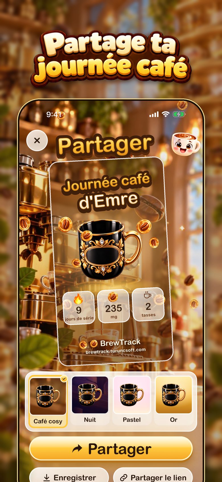 Carte à partager BrewTrack : une image de votre journée café prête à envoyer