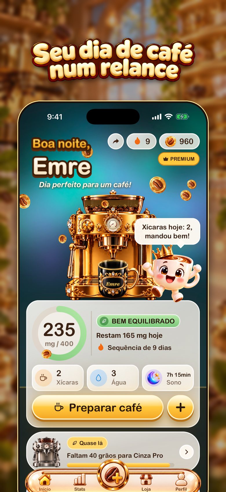 Tela inicial do BrewTrack: uma cafeteira serve a xícara enquanto o anel diário de cafeína avança em direção ao seu limite