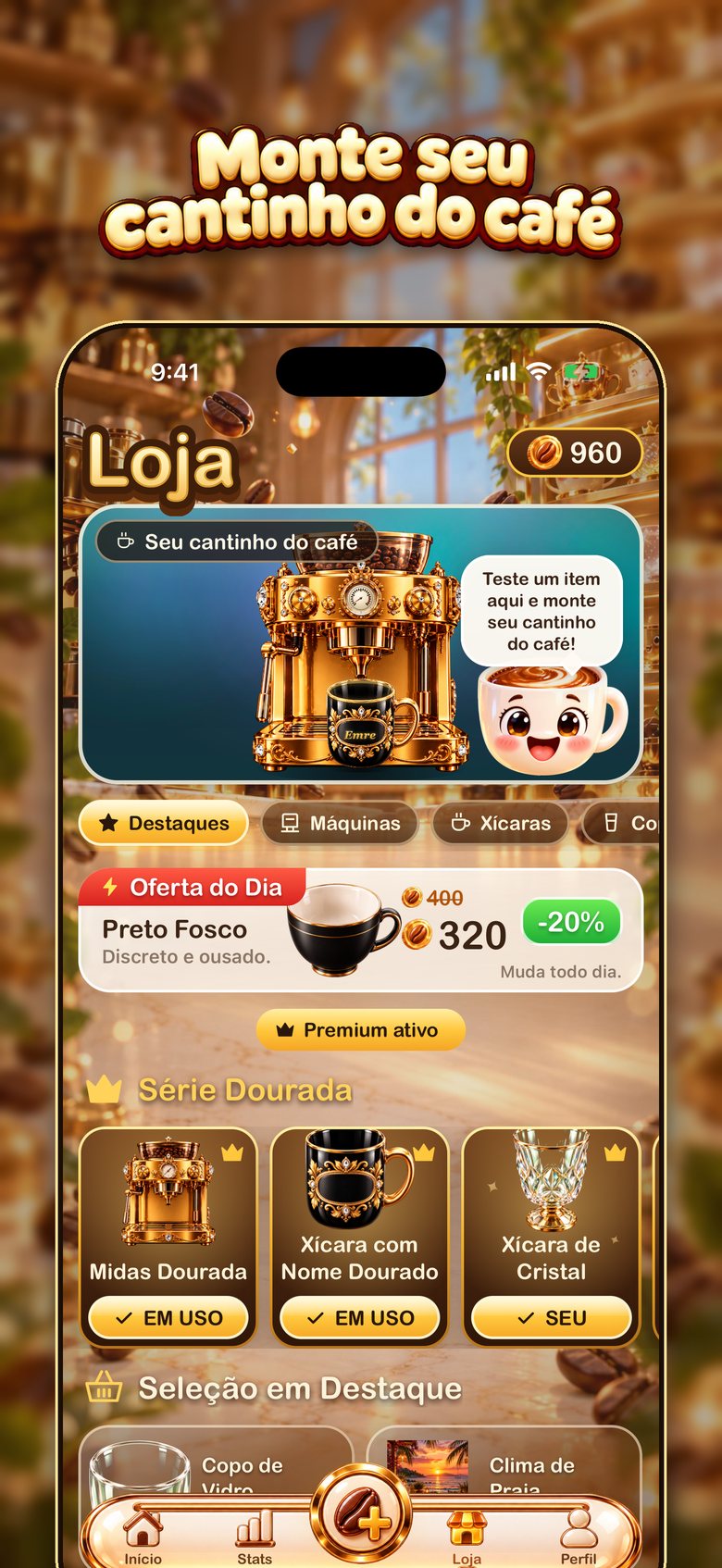 Loja do BrewTrack com cafeteiras, xícaras, copos e fundos