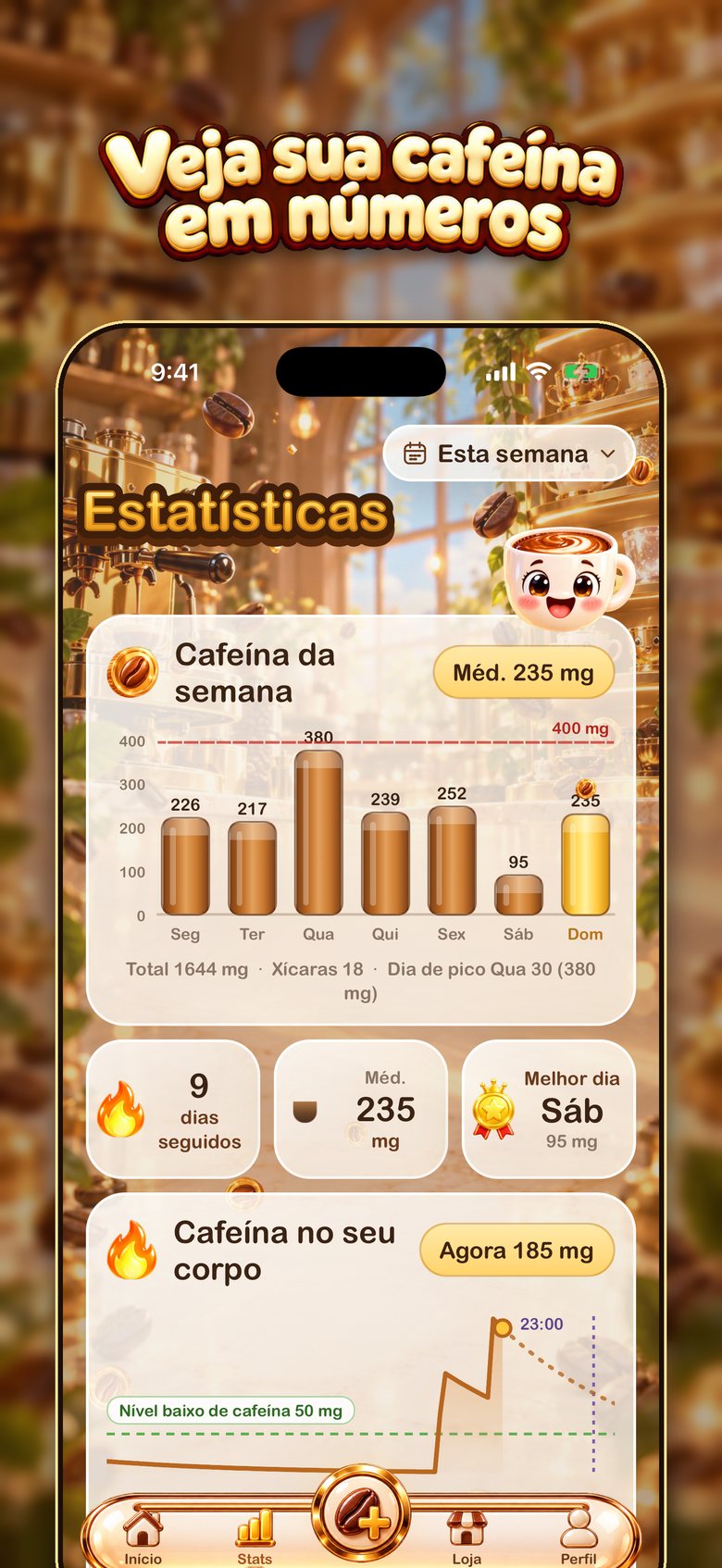 Estatísticas do BrewTrack: comparação semanal, horários do dia, calendário e curva de cafeína