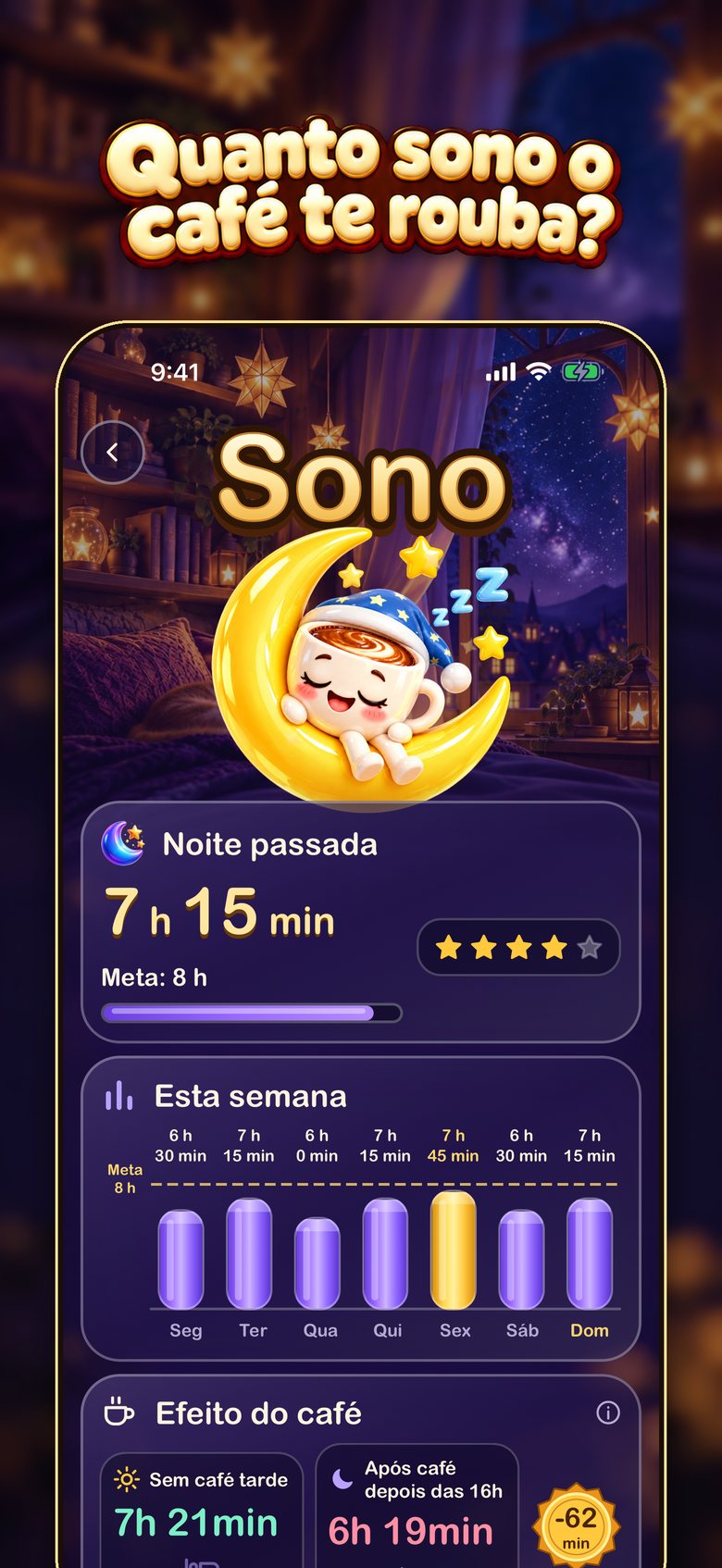 Tela de sono do BrewTrack mostrando a relação entre o último café e o sono