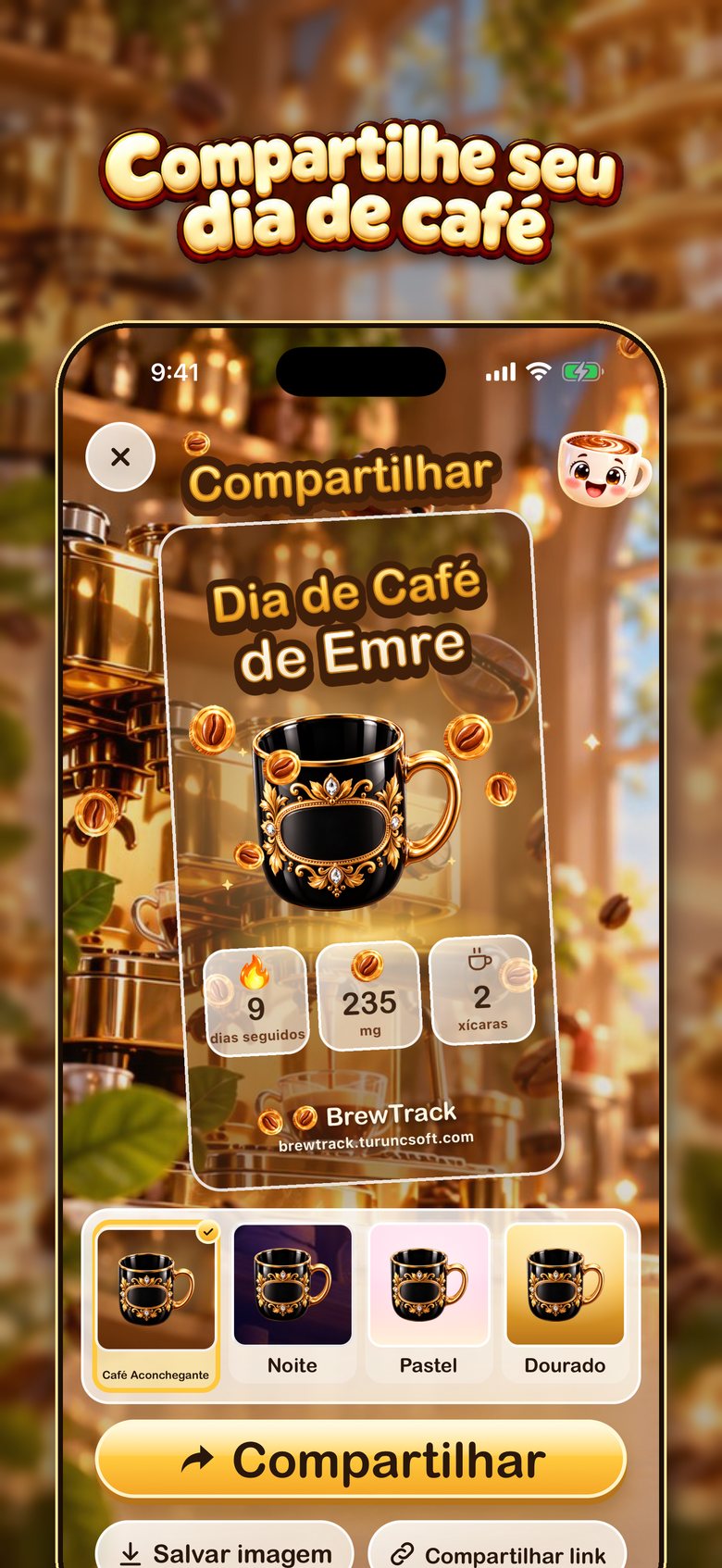 Cartão para compartilhar do BrewTrack: uma imagem do seu dia de café pronta para enviar