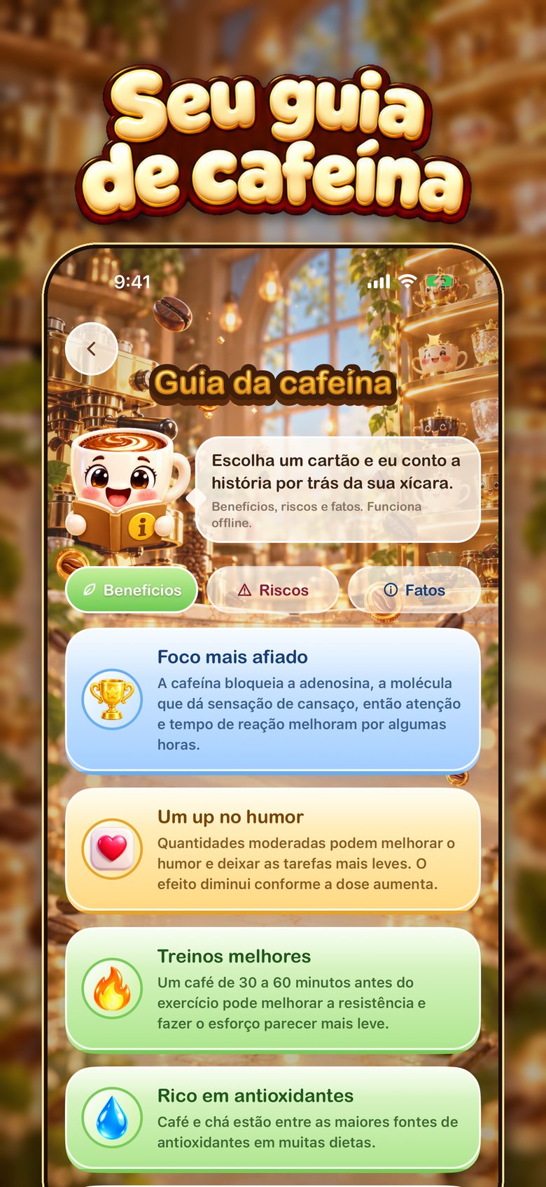 Guia da cafeína do BrewTrack com informações curtas e claras