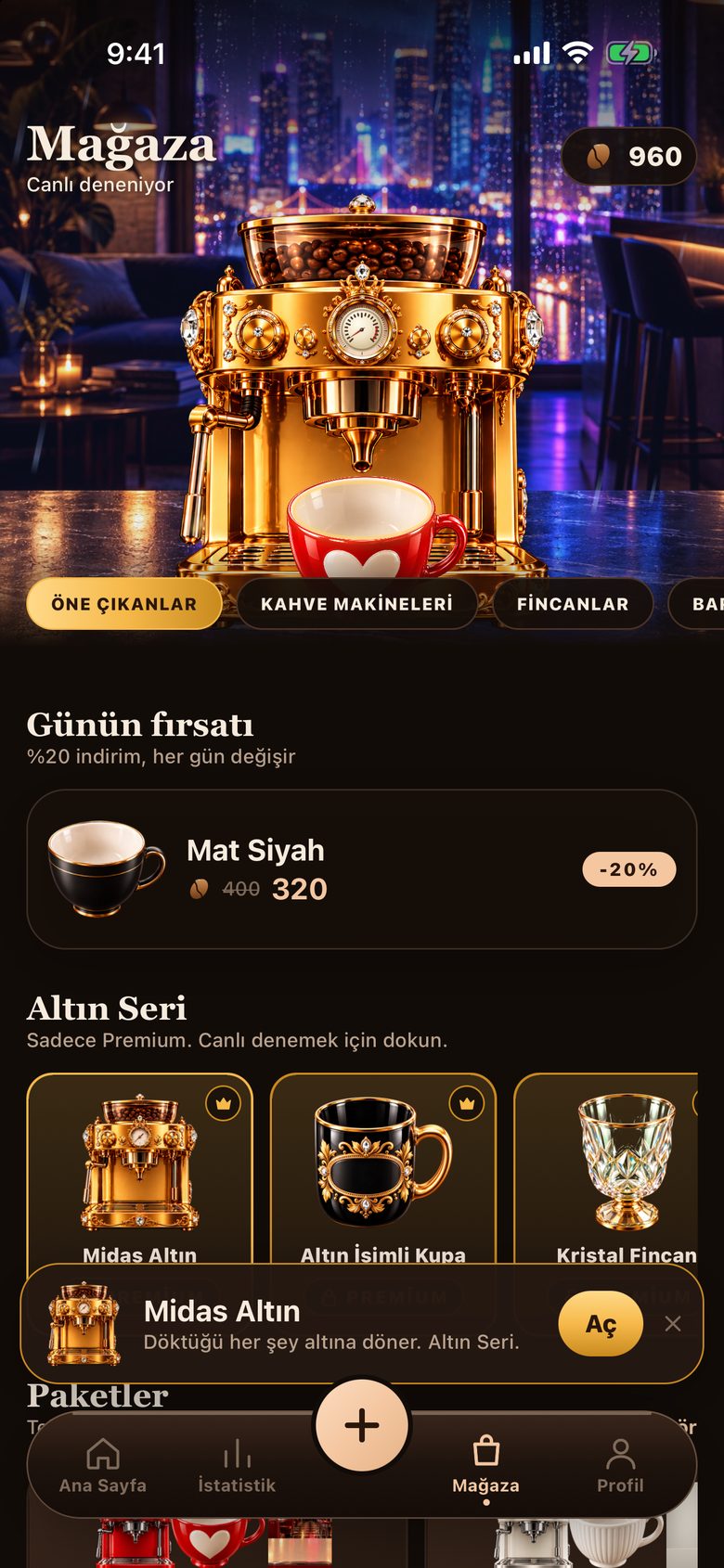BrewTrack mağazası: kahve makineleri, kupalar, bardaklar ve arka planlar