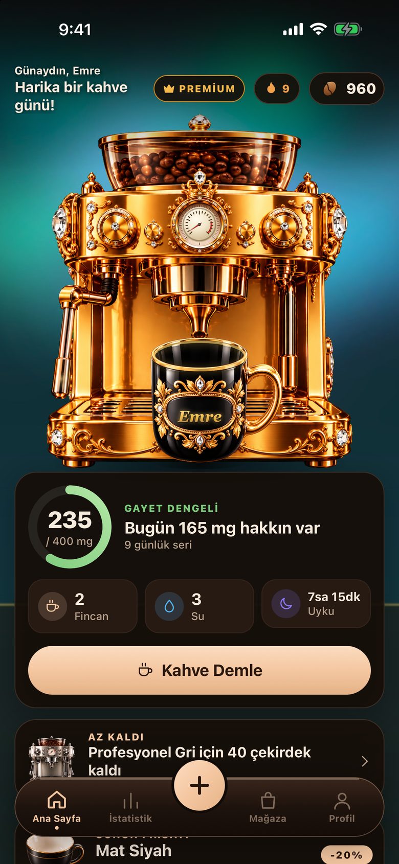 BrewTrack Altın Seri: Midas altın kahve makinesi ve kristal kupa