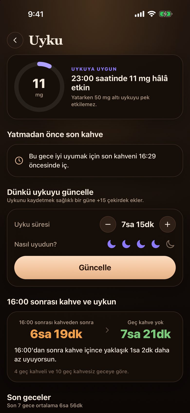 BrewTrack uyku ekranı: son kahve ile uyku arasındaki ilişki