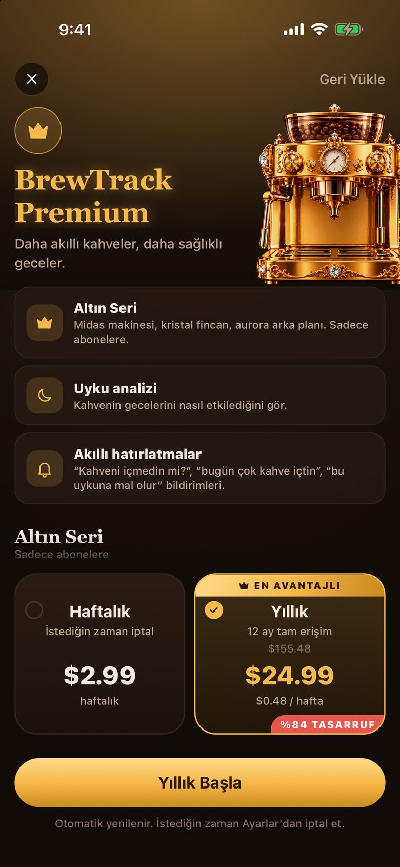 BrewTrack Premium abonelik ekranı: haftalık ve yıllık planlar
